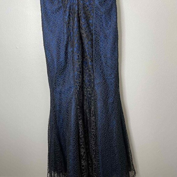Monique Lhuillier Crochet Black Dress Womens Size 6 Blue Shimmer Mermaid - Picture 8 of 13
